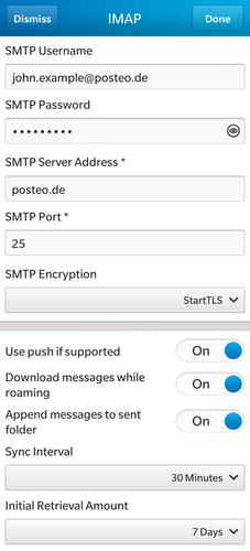 For "SMTP Username" enter your email address, and for "SMTP Password", your password. The "SMTP Server Address" is "posteo.de", the "SMTP Port" is "587" and for "SMTP Encryption", choose "StartTLS". To finish, tap "Done".